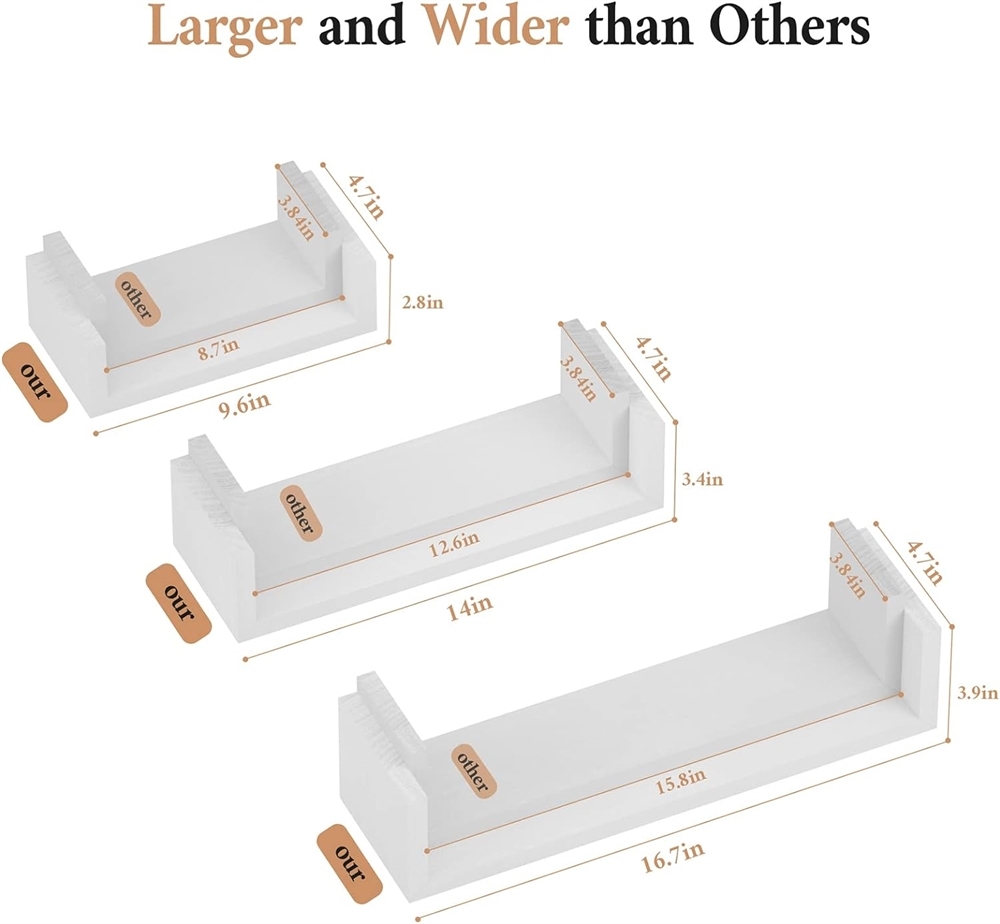 Enhance Your Wall Space with a Set of 3 Solid Wood Floating Shelves Wall Mounted in White